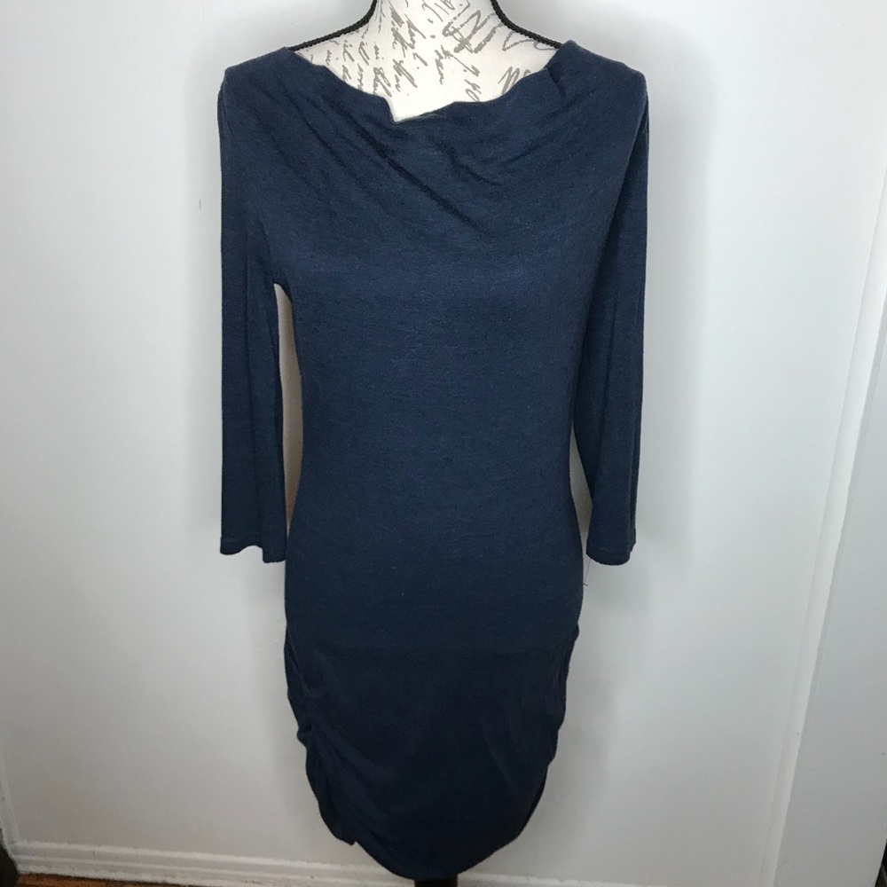 Trouve Navy Blue Long Sleeve Shirred Dress Sz M